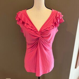 Vintage Susie Hot pink ruffle short cap sleeve top, Size Large